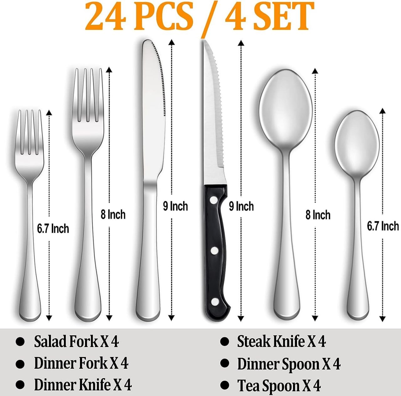 24 Pcs Silverware Set with Steak Knives Service for 4,Stainless Steel Flatware Set,Mirror Polished Cutlery Utensil Set,Home Kitchen Eating Tableware Set,Incl