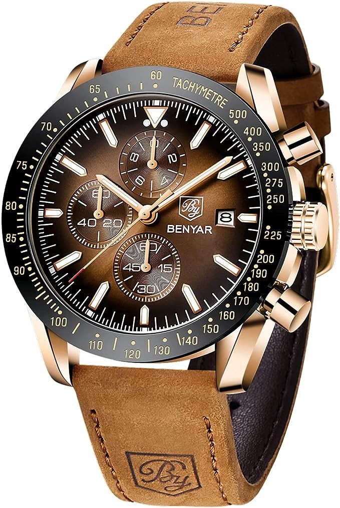 BENYAR Mens Watches Quartz Movement Chronograph Leather Strap Fashion Business Sport Design 30M Waterproof Scratch Resistant Wristwatch Elegant Watch Gifts for Men
