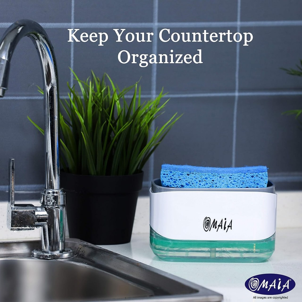 OMAIA 2-in-1 Kitchen Soap Dispenser with Sponge Holder - dishwashing Liquid Dispenser for Kitchen - Smart Kitchen Gadgets 2023 - Sink Countertop Organizer -