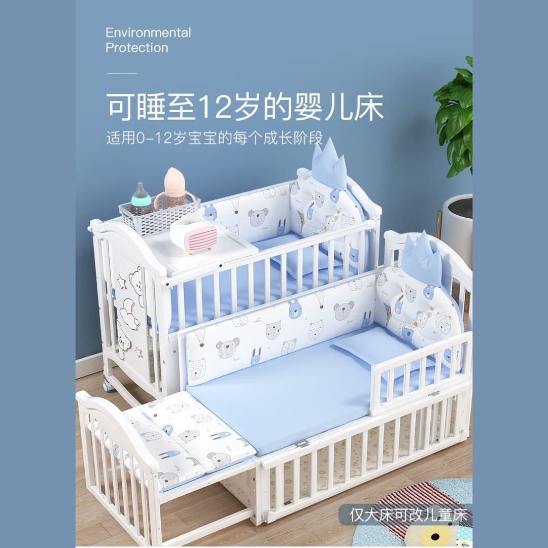 Markbaypyrene crib solid wood European-style baby bed removable foldable newborn multifunctional cradle bed children splicing big bed big bed + crown five-piece set (blue party)