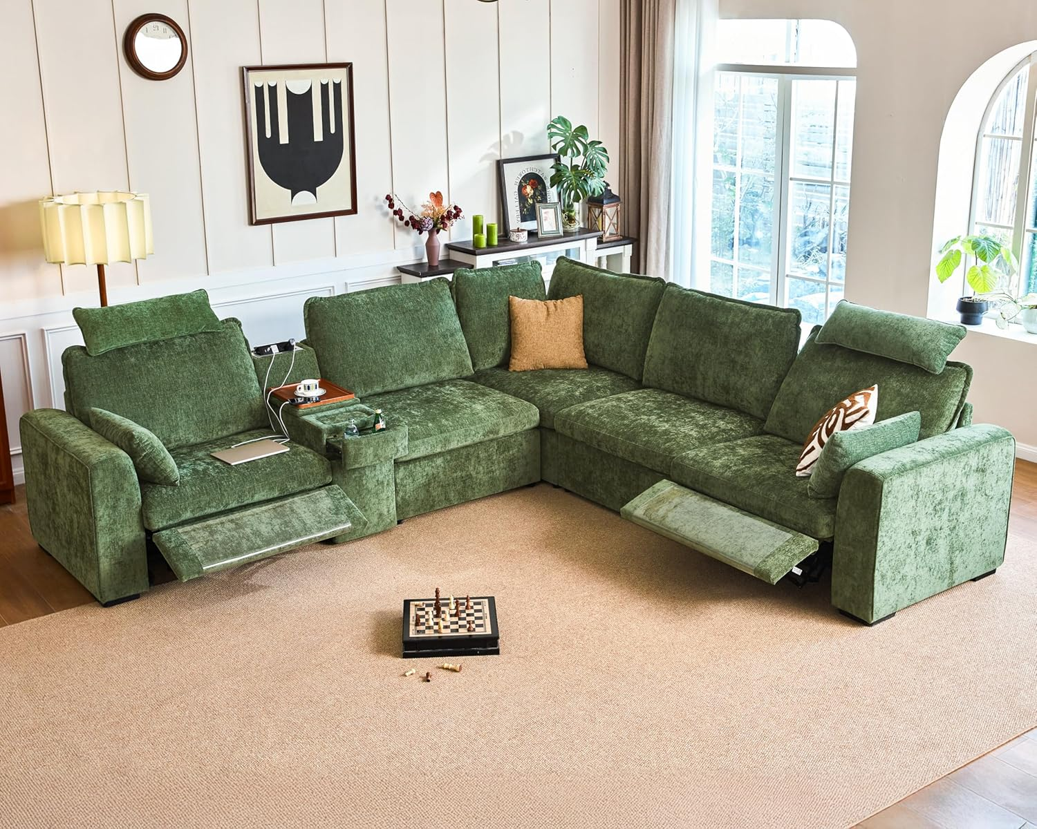 Oversized Modular Sectional Sofa with Double Power Recliner, Cloud Reclining Couch with Headrest, Storage Drawer Charging Cup Holders, Deep L-Shaped 6 Seater with Corner, Chenille, Green