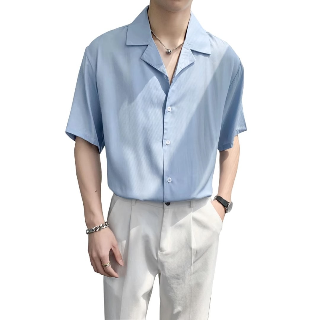 Summer men's pink short-sleeved shirt casual ruffian handsome men's top 2023 new ice silk half-sleeved shirt summer dress