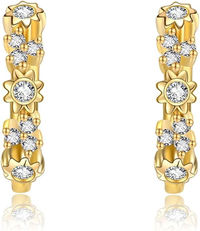 ELFRONT 14k Real Gold Small Hoop Earrings Trendy Flower Cubic Zirconia Nap Earrings for Women Mom Her Wife Girlfriend Fine Jewelry for Women Unique Romantic Birthday Gifts