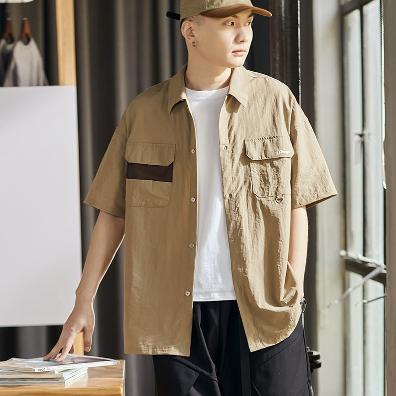 Tang Lion 2023 summer new short-sleeved shirt men's Hong Kong style tooling khaki shirt casual loose all-match jacket