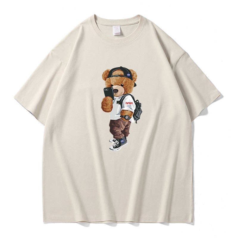 ClawMoney American trendy brand NASA co-branded pure cotton heavy bear print short-sleeved t-shirt for men and women couples summer ins trendy brand all-match loose half-sleeved personality
