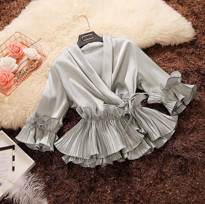 2023 Spring and Autumn New Female Deep V-neck Ruffles Lace Up Stain Shirt Women's Three Quarter Sleeve Shirts Women Blouses