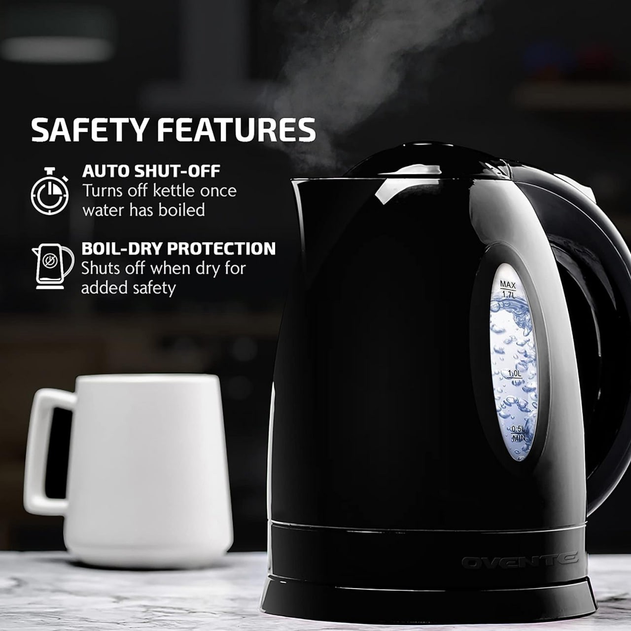 OVENTE Electric Kettle Hot Water Heater 1.7 Liter - BPA Free Fast Boiling Cordless Water Warmer - Auto Shut Off Instant Water Boiler for Coffee & Tea Pot - B