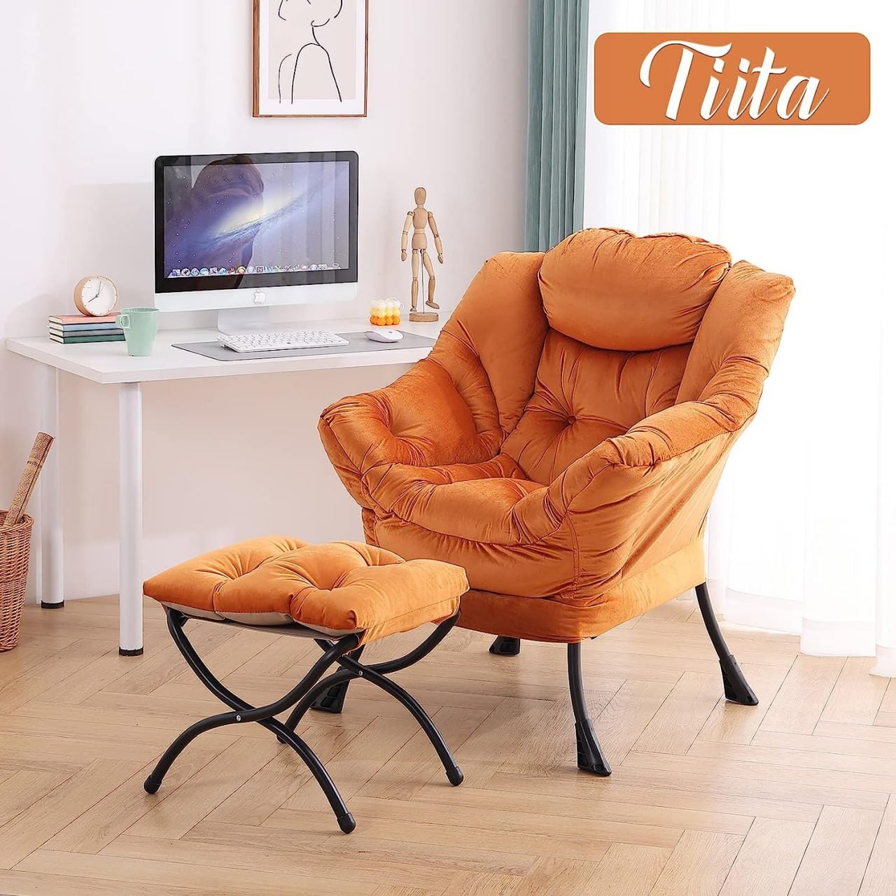 Tiita Lazy Chair with Ottoman, Modern Large Accent Lounge Chair, Leisure Sofa Armchair with Ottoman, Reading Chair with Footrest for Bedroom, Living Room, Dorm Rooms,