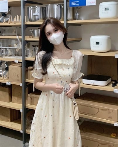 plus lining 2023 new square collar floral summer gentle wind mid-length waist slim tea break dress skirt
