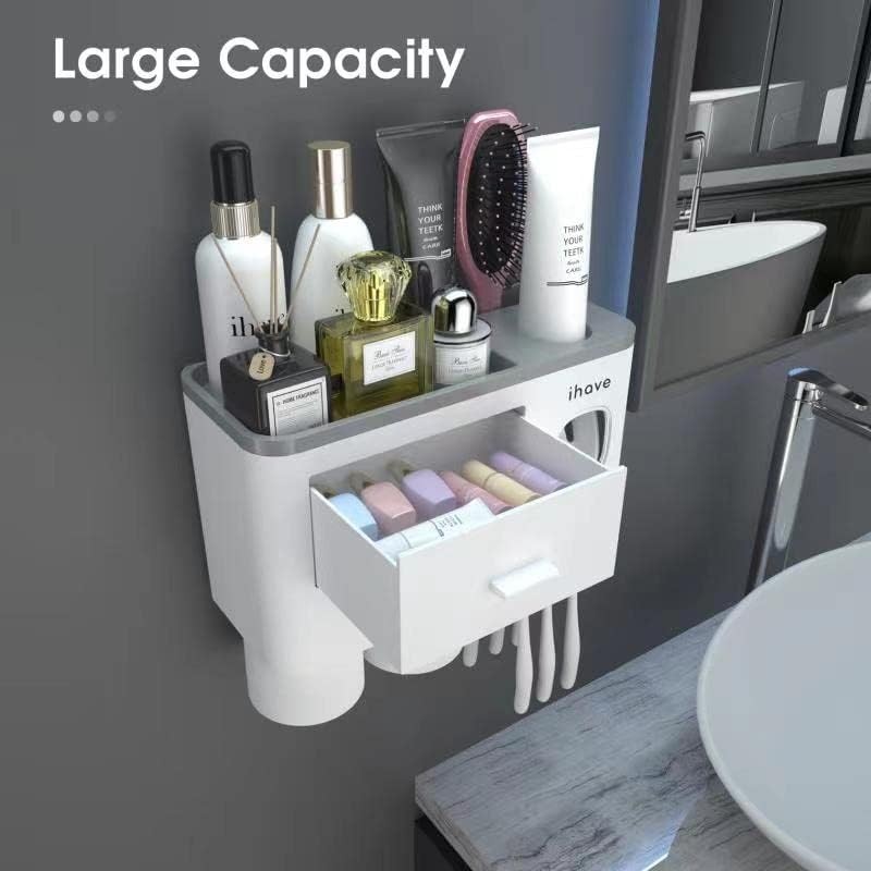 iHave Toothbrush Holders for Bathrooms, 2 Cups Toothbrush Holder Wall Mounted with Toothpaste Dispenser - Large Capacity Tray, Cosmetic Drawer - Bathroom Decor