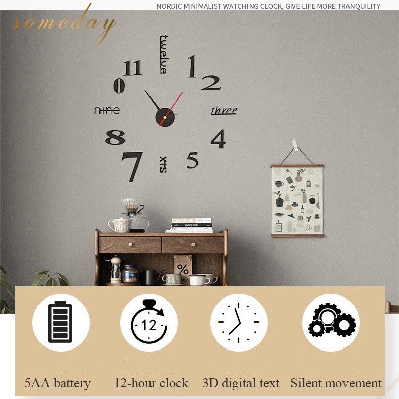 Mirror DIY Large Wall Clock DIY Wall Clock 3D Mirror Sticker Metal Roman Numerals Big Clock