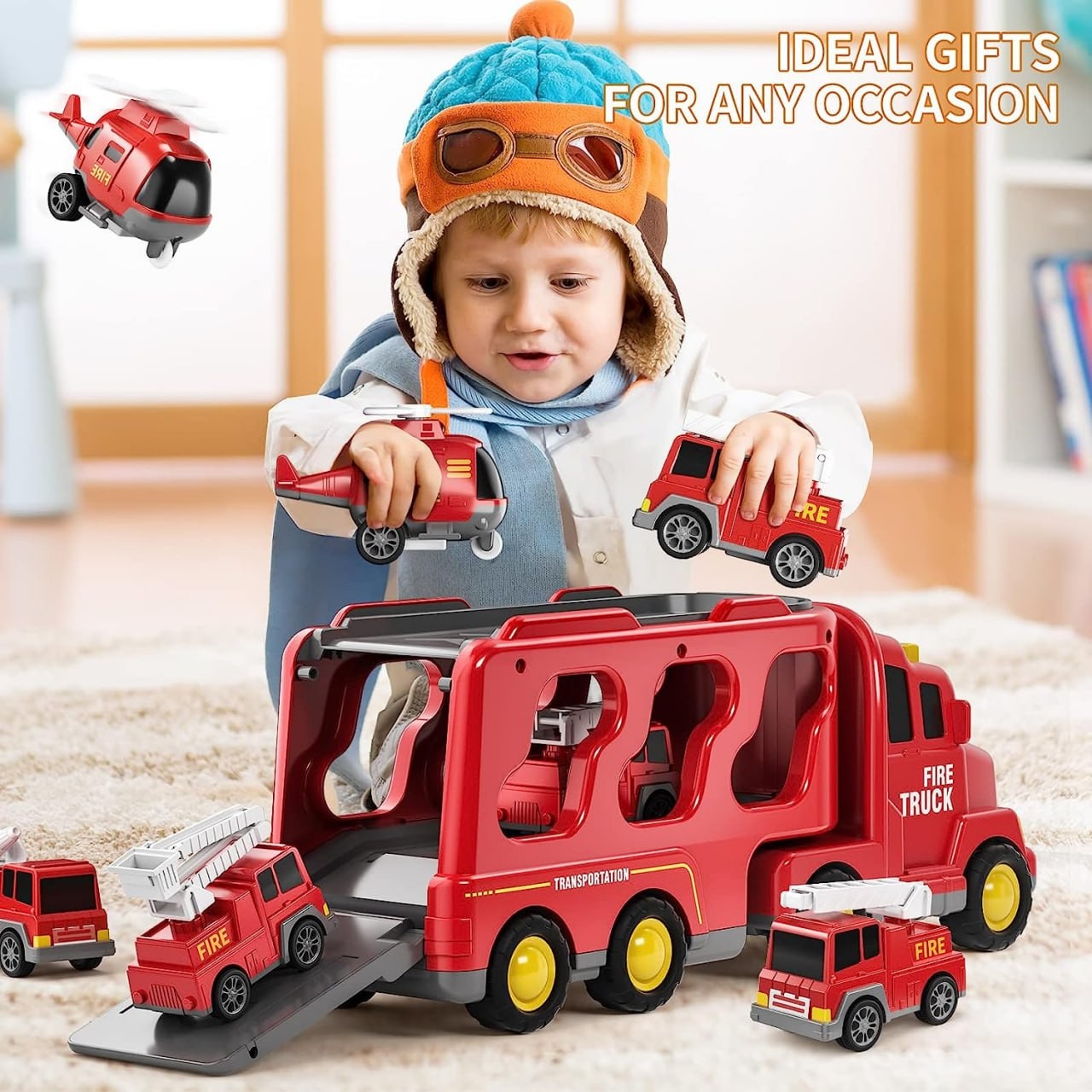 TEMI Toddler Fire Toys for 3 4 5 6 Years Old Boys Girls - 5 in 1 Carrier Truck Transport Cars for Toddlers 1-3, Friction Power Vehicles for Kids 3-5, Christmas Birthday Gifts