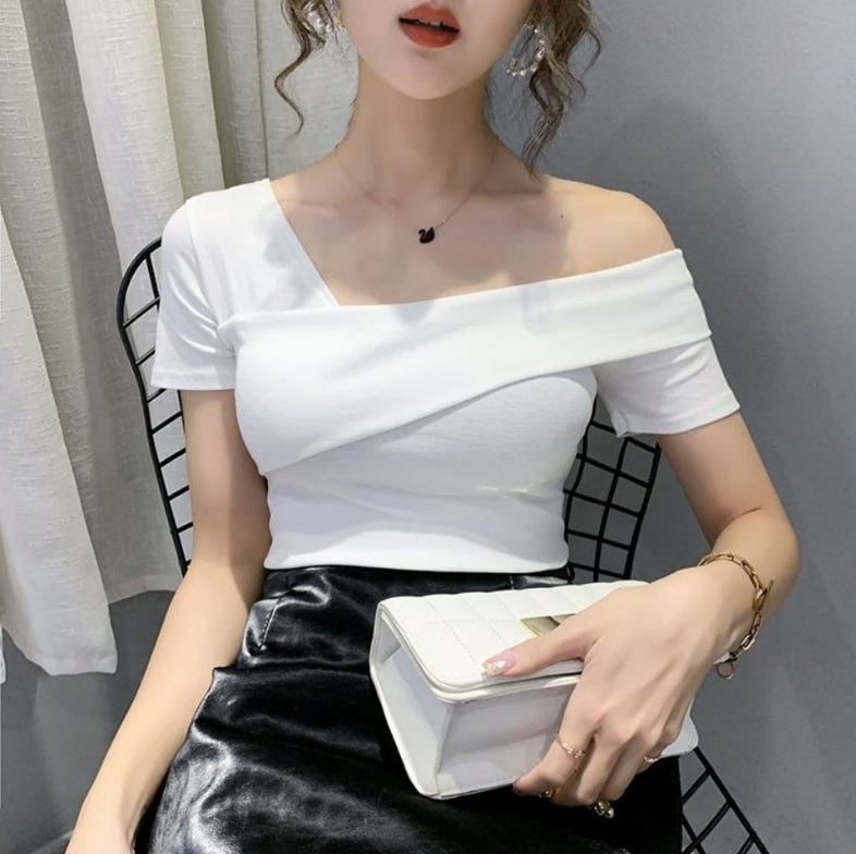 Women Cotton Blouse Short Sleeve Sexy Irregularity Collar Plus Size T Shirt Fashion Clothing