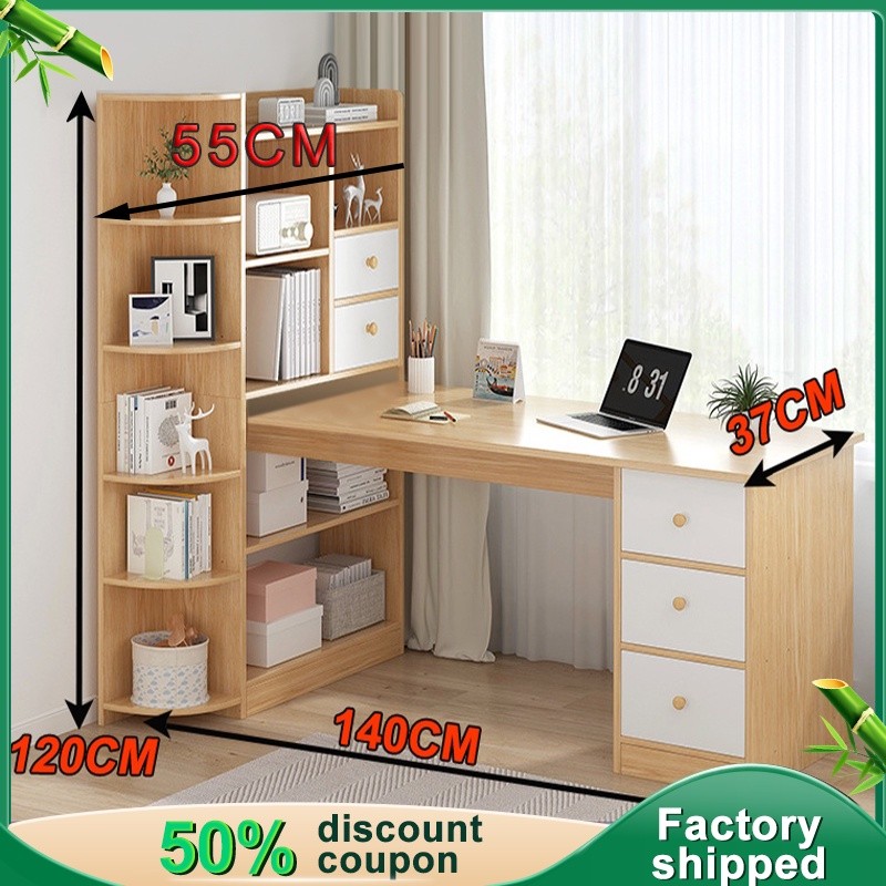 Study Table With Drawer 140/120CM Computer Table Study Desk Office Table With Book Shelf