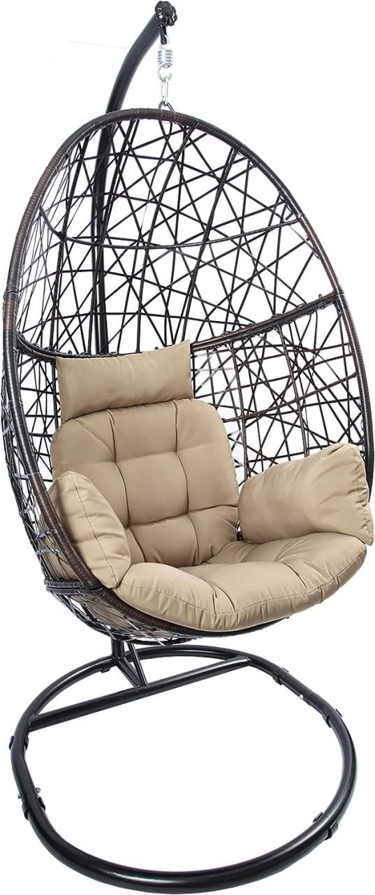 LUCKYBERRY Egg Chair Outdoor Indoor Wicker Tear Drop Hanging Chair with Stand Color Cushion Brown