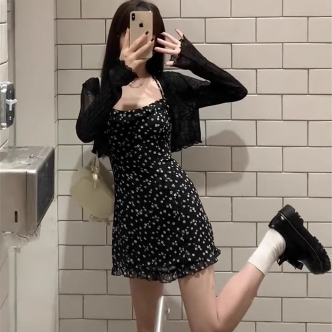 HORUMIO 2023 Summer New Gentle Wind Waist Floral Sling Dress Female Black Cardigan + Black Floral Skirt [Set] S