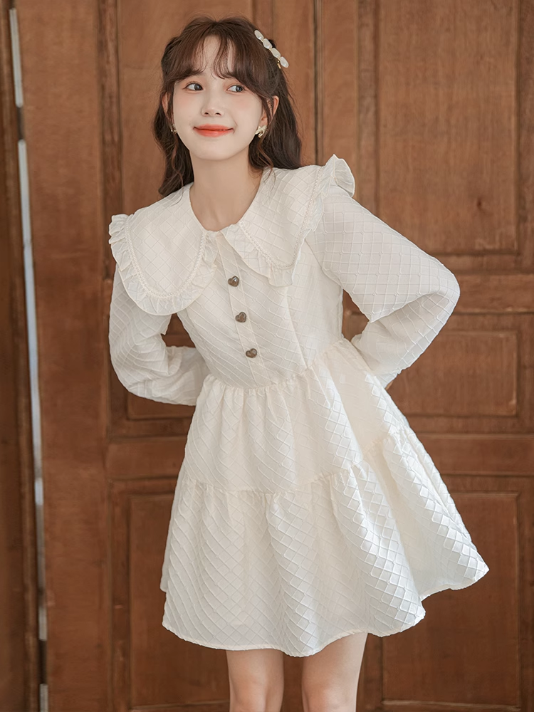 Small sweet lapel dress for women 2023 spring and autumn new style doll collar textured plaid long-sleeved short skirt