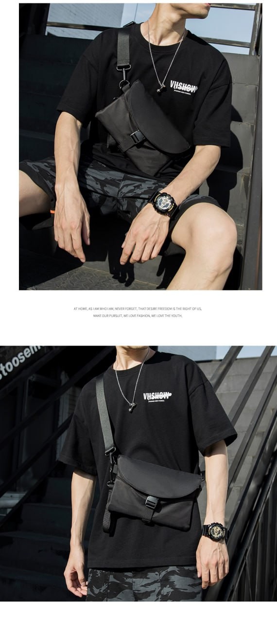 Trendy casual messenger bag men's trendy brand chest bag mini small bag simple hip-hop bouncy bag one-shoulder slung-back men's bag NEW LAKE black men's shoulder bag black