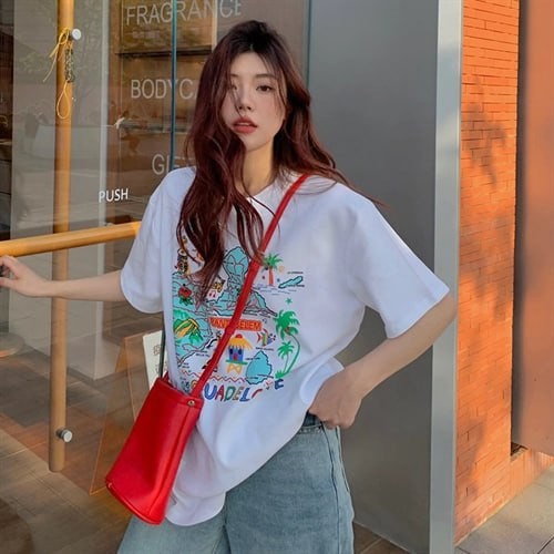 JYY0272 official map high-quality combed cotton regular short-sleeved T-shirt women's back wrap collar fun map