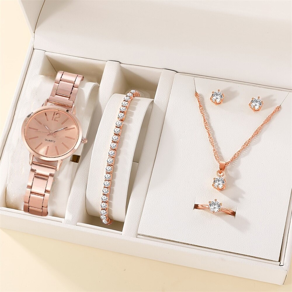 5 Piacs Women Watch Gift Set with Bracelet Necklace Earrings Rings with Diamonds Metal Straps Watches for Ladies