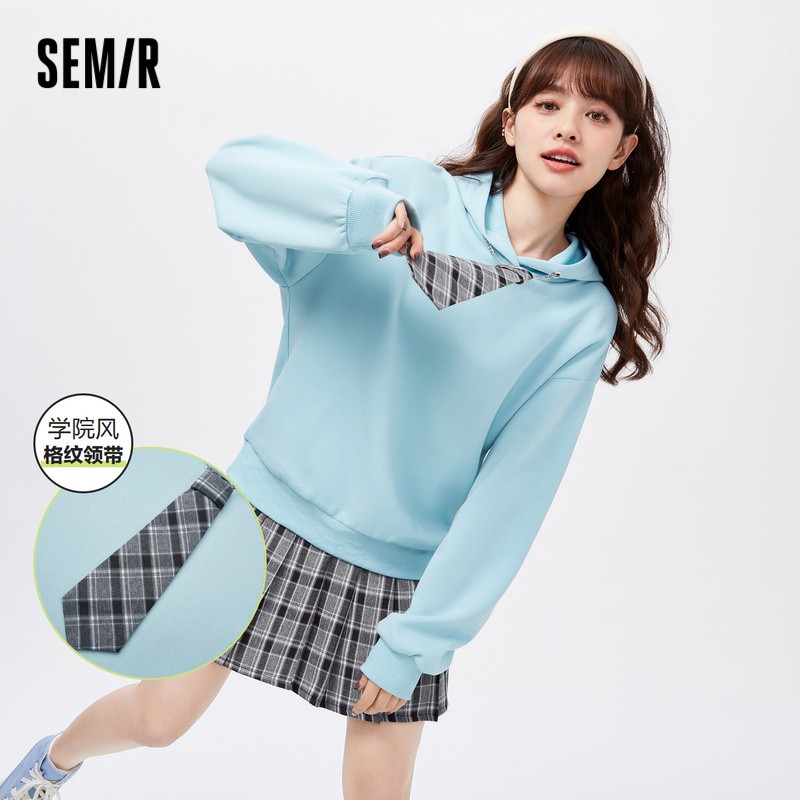 Semir Suit Women Hooded Sweatshirt Plaid Pleated Skirt 2023 Spring Autumn New Style Loose Gentle Two-Piece Suit Preppy Style
