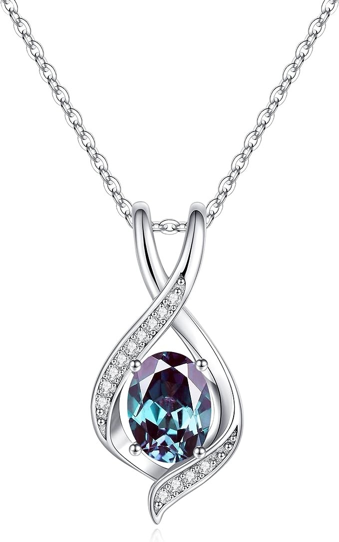 Birthstone Necklace for Women Mom, 18K White Gold Plated Solid S925 Sterling Silver Oval Cut Sparkle Birthstone Pendant Necklace Genuine or Created Gemstone Necklace Birthstone Charm