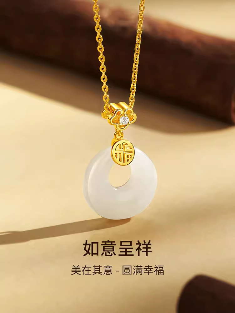 Mengjinyuan S925 Silver Peace Buckle Necklace Girls Clavicle Chain Hetian Jade Pendant Christmas Birthday Gift for Girlfriend