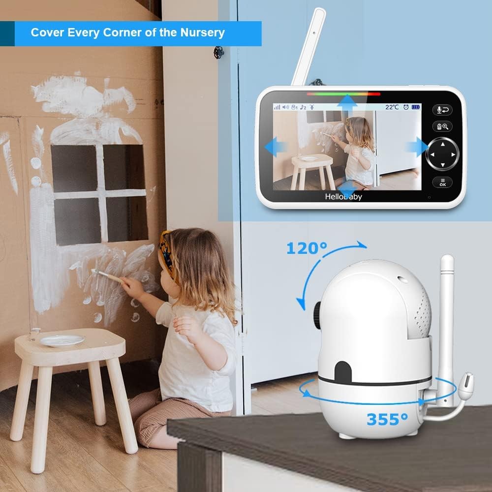 HelloBaby Monitor, 5''Display with 30-Hour Battery, Pan-Tilt-Zoom Video Baby Monitor with Camera and Audio, Night Vision, 2-Way Talk, Temperature, 8 Lullabies and 1000ft Range No WiFi, Ideal for