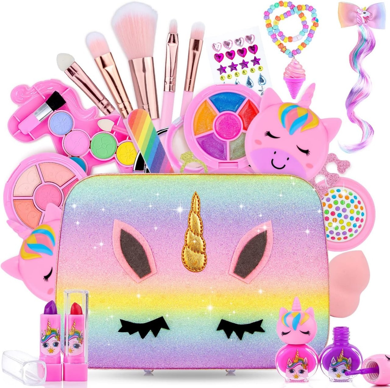 MagicToiee Christmas in July Gifts Unicorn Makeup Kit for Kids, Washable Cosmetic Set as Princess Birthday Gift Toy with Bag, Children Cosmetic Beauty Set for Girls