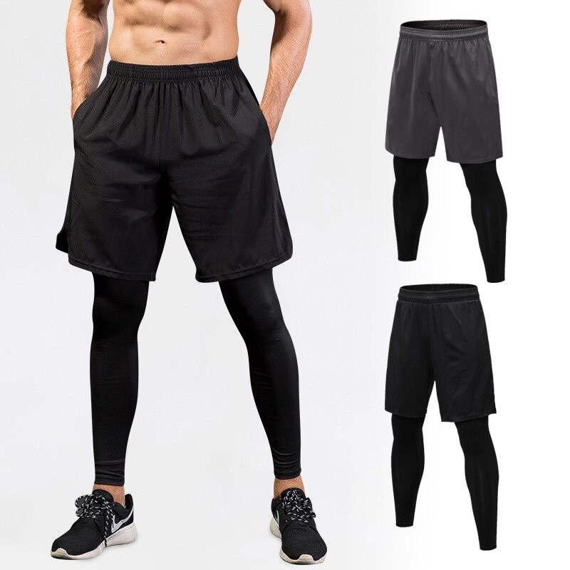 Men's Leggings Fake 2 in 1 Sports Running Training Casual Stretch Quick Dry Trousers Tight Pants