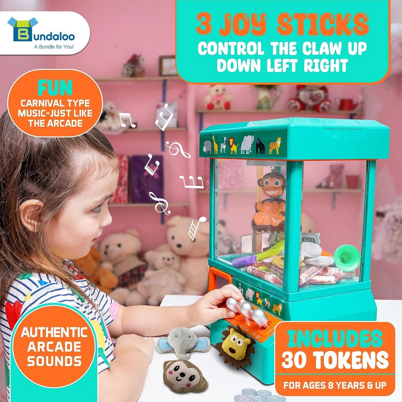Bundaloo Claw Machine for Kids - Jungle Themed Miniature Candy Grabber with 3 Mini Plush Toys, 30 Reusable Tokens - Electronic Prize Dispenser Toy Party Game for