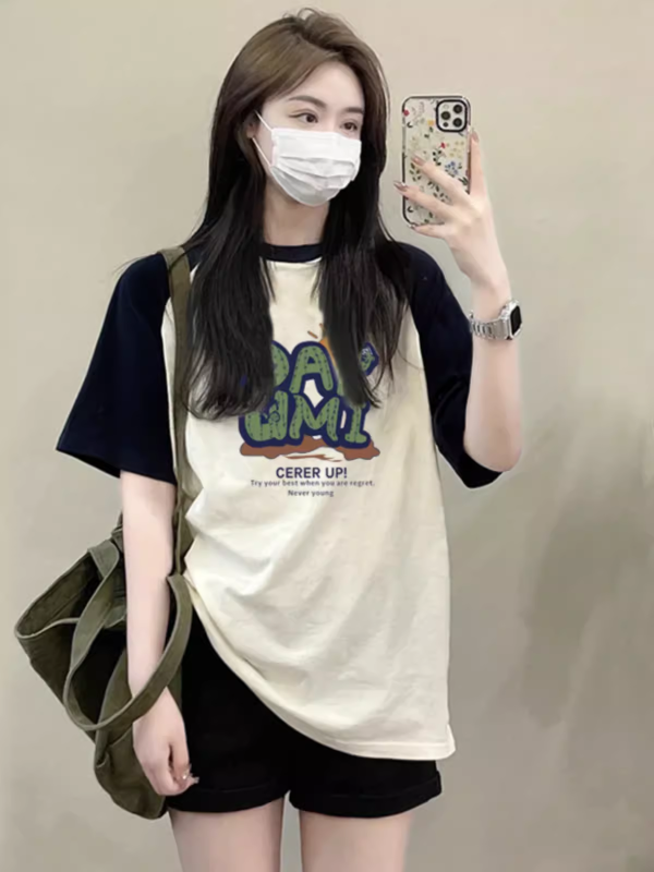 Pure cotton T-shirt women's short-sleeved contrasting color student summer new style loose mid-length large size half-sleeved T-shirt top