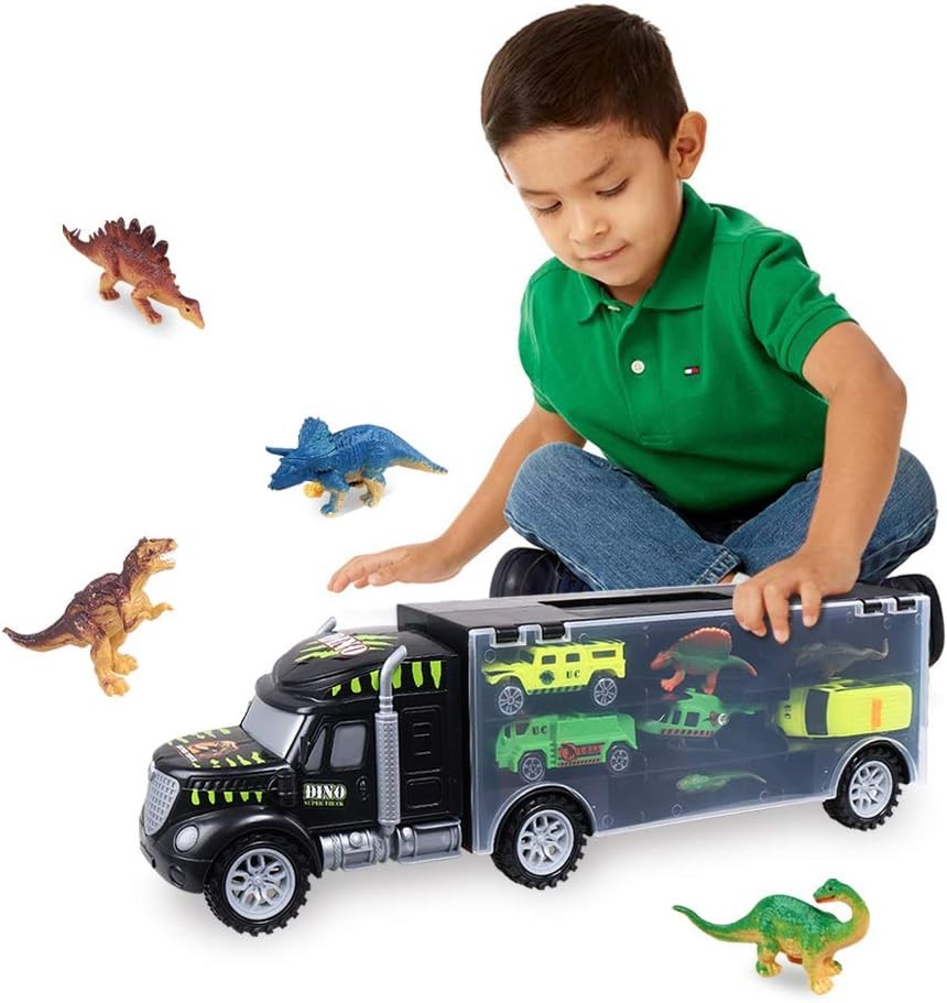 SUPREX 16 Inch Dinosaur Transport Truck Carrier Toy 14 Piece, 9 Educational Realistic Dinosaur Figures, 3 Matchbox Cars, 1 Helicopter, Dinosaur Toy for Boys, Gift