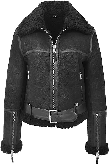 A1 FASHION GOODS Womens Luxurious Genuine Sheepskin Flying Jacket Real Black Shearling Harriet