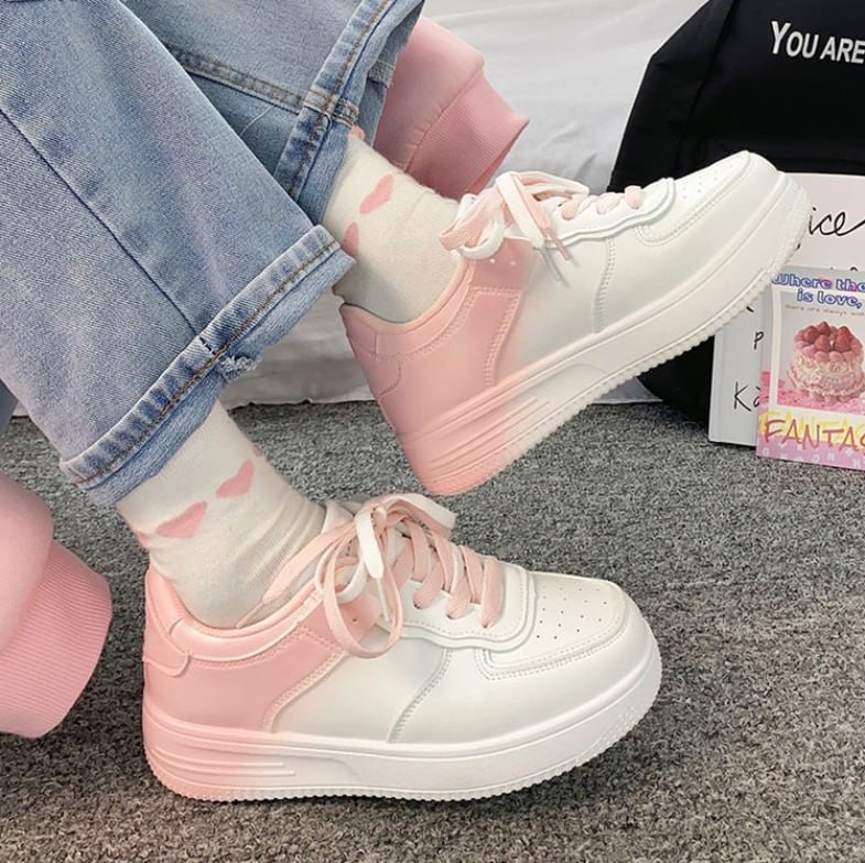 Luckiss Cherry Blossom Gradient Color Hot Style White Shoes 2023 New thick bottom Style for Women