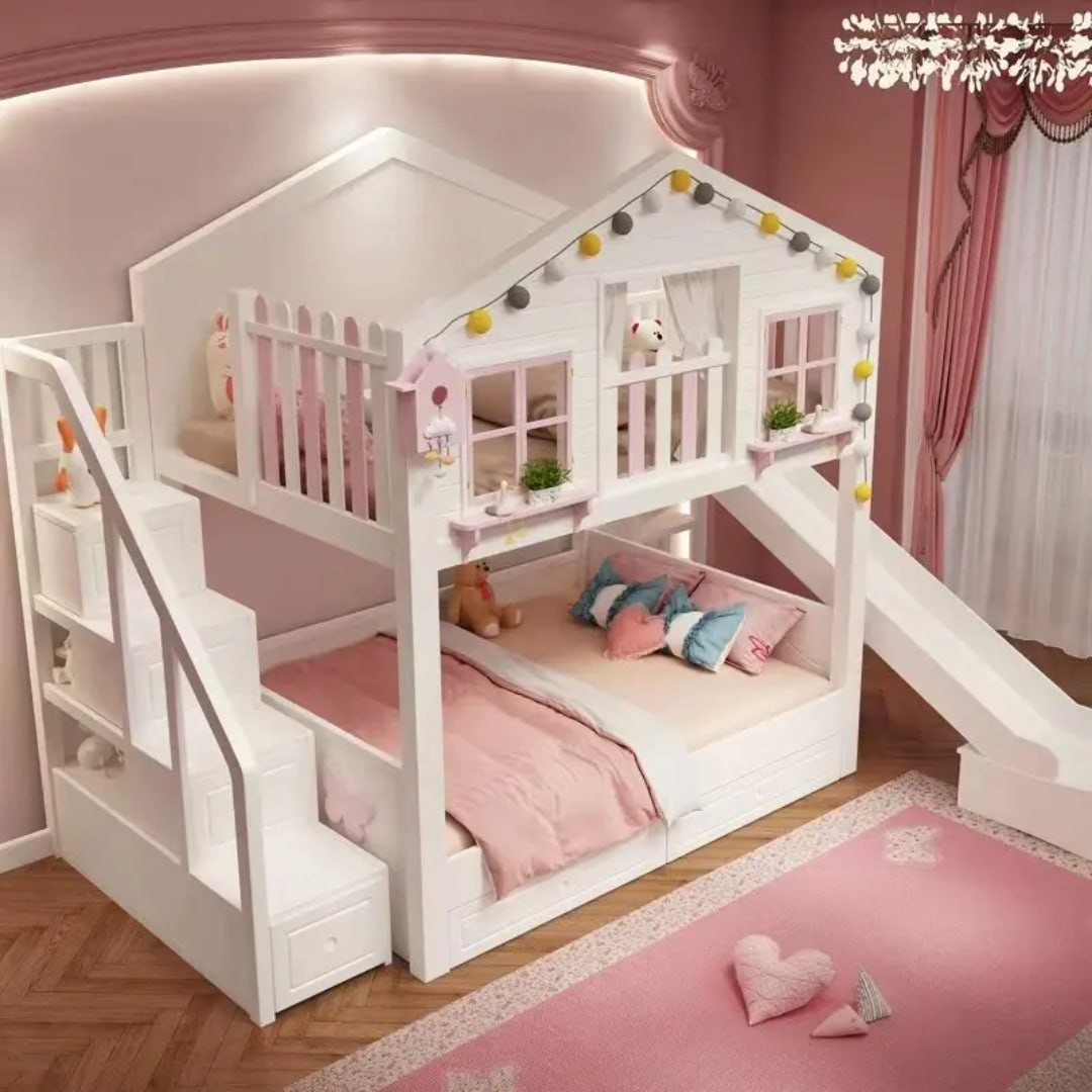 British Style Children's Double-decked Tree House Bed Modern High And Low Princess bunk beds for kids