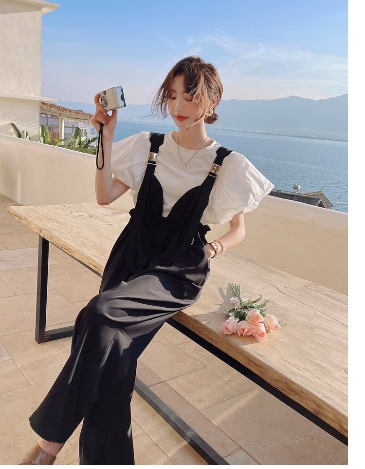 Qilan Bib Pants Women's Set 2023 Summer New Western Style Korean Style Loose Casual Wide-leg Pants Set