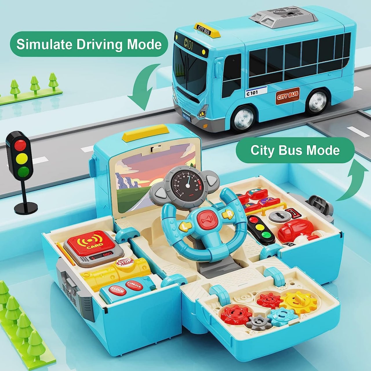 HONGTUO Bus Toy with Sound and Light, Simulation Steering Wheel Gear Toy, Toddlers Bus Toys with Music Education Knowledge Simulation Driving Bus Toys, Gift for 1