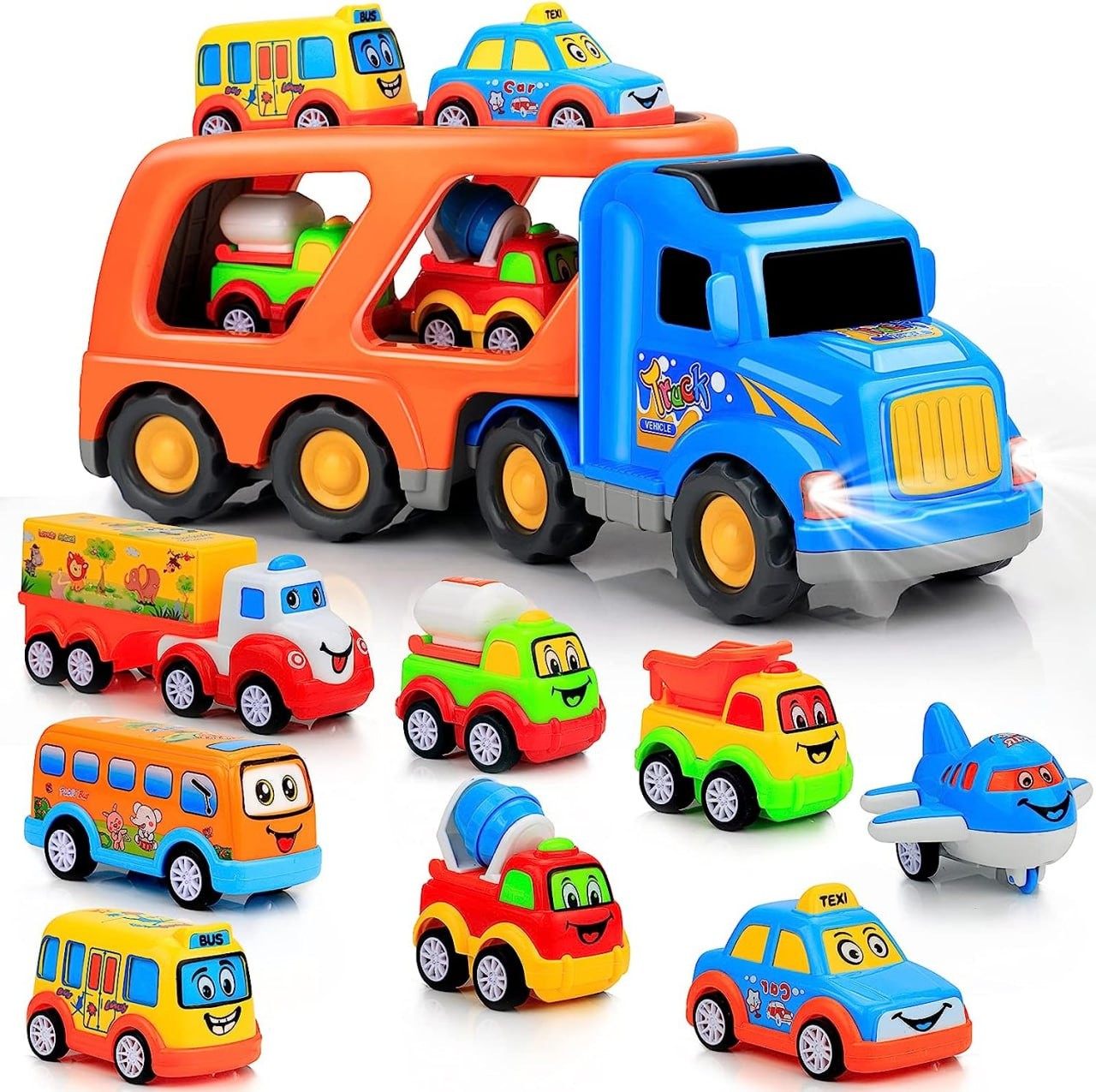 9 pcs Cars Toys for 2 3 4 5 Years Old Toddlers, Big Carrier Truck with 8 Small Cartoon Pull Back Cars, Colorful Assorted Vehicles, Transport Truck with Sound and Light, Best Gi