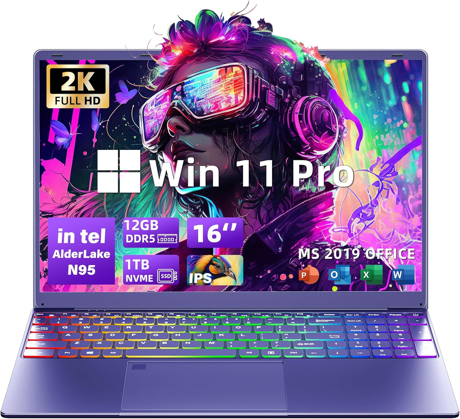 【Win 11 Pro/MS Office 2019】 16" Purple Gaming Laptop,12th Gen Alder Lake Quad Core N95 CPU,12GB LPDDR5, 1920 * 1200 FHD IPS, Color Backlit KB, Fingerprint Unlock/HDMI (12GB +1TB NVME SSD)