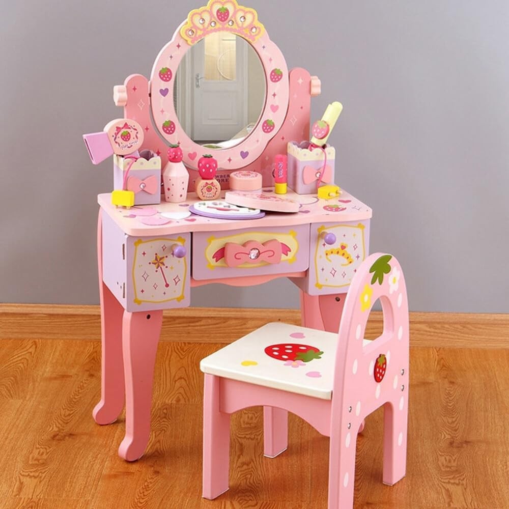QueenLine New Kids Girls Toys Simulation Wooden Dressing Table Gift for Girl Dressing Table for Baby Girl Children Pretend Play Toys QWZ347