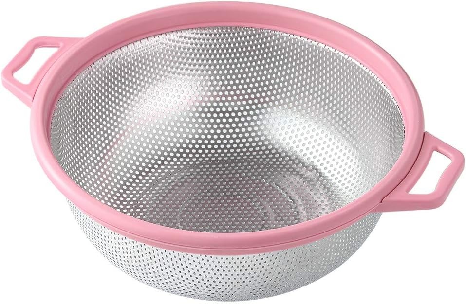HiramWare Stainless Steel Colander With Handle and Legs, Large Metal Pink Strainer for Pasta, Spaghetti, Berry, Veggies, Fruits, Noodles, Salads, 5-quart 10