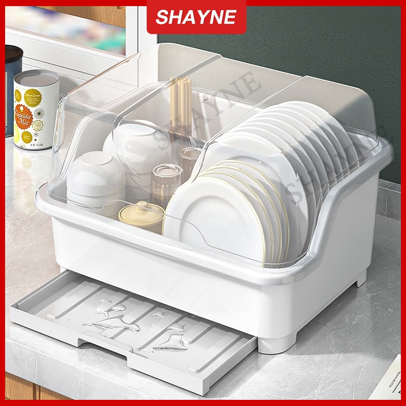 Kitchen Dish Rack With Drainpan Plastic Full Flap Plate Organizer Dust-proof Bowl Storage Rack