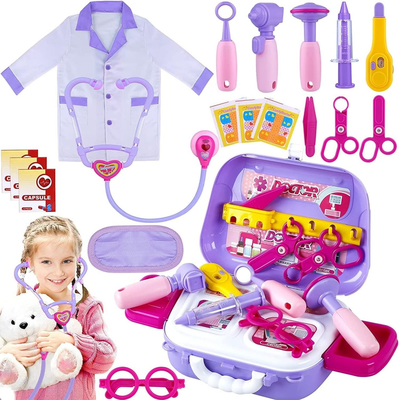 Tepsmigo Doctor Kit for Kids with Carry Case, Doctor Halloween Costume for Kids, Pretend Play Kids Doctor Set with Stethoscope and Coat, Play Doctor Set for Kids Age
