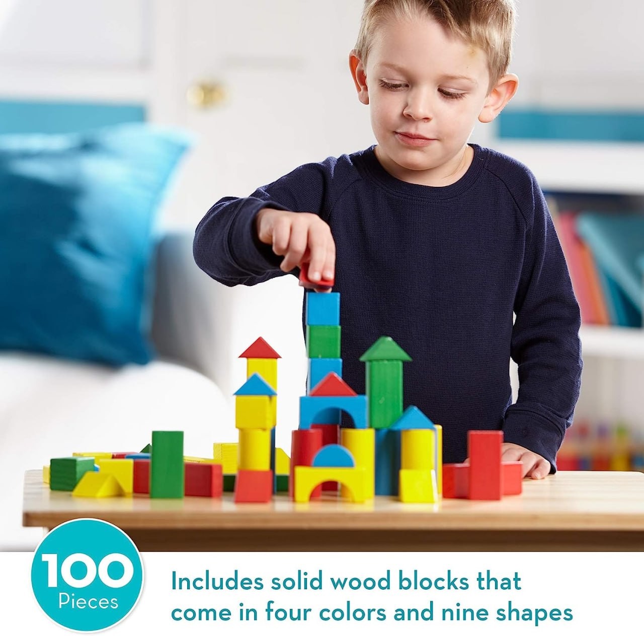 Melissa & Doug Wooden Building Set - 100 Blocks in 4 Colors and 9 Shapes