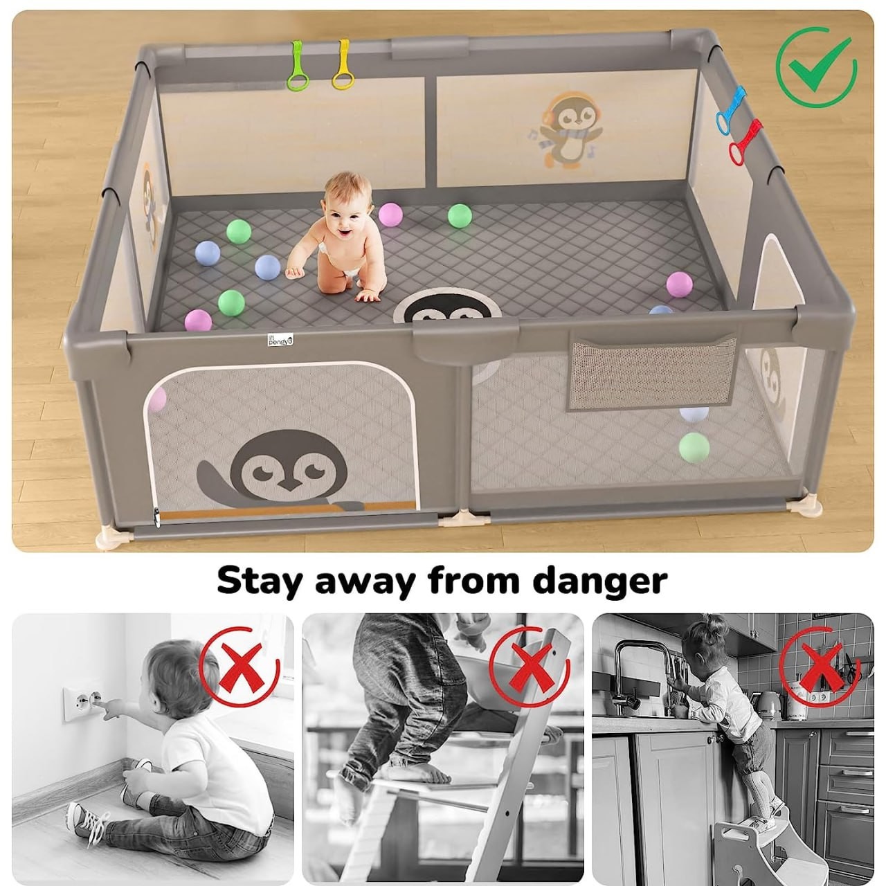 Baby Playpen with Mat 71 x 59 inch Baby Playpen for Babies and Toddlers, Extra Large Baby Playyard for Indoor & Outdoor Activity, with Soft Breathable Mat & 4 Pull Rings for Kids Center (Grey