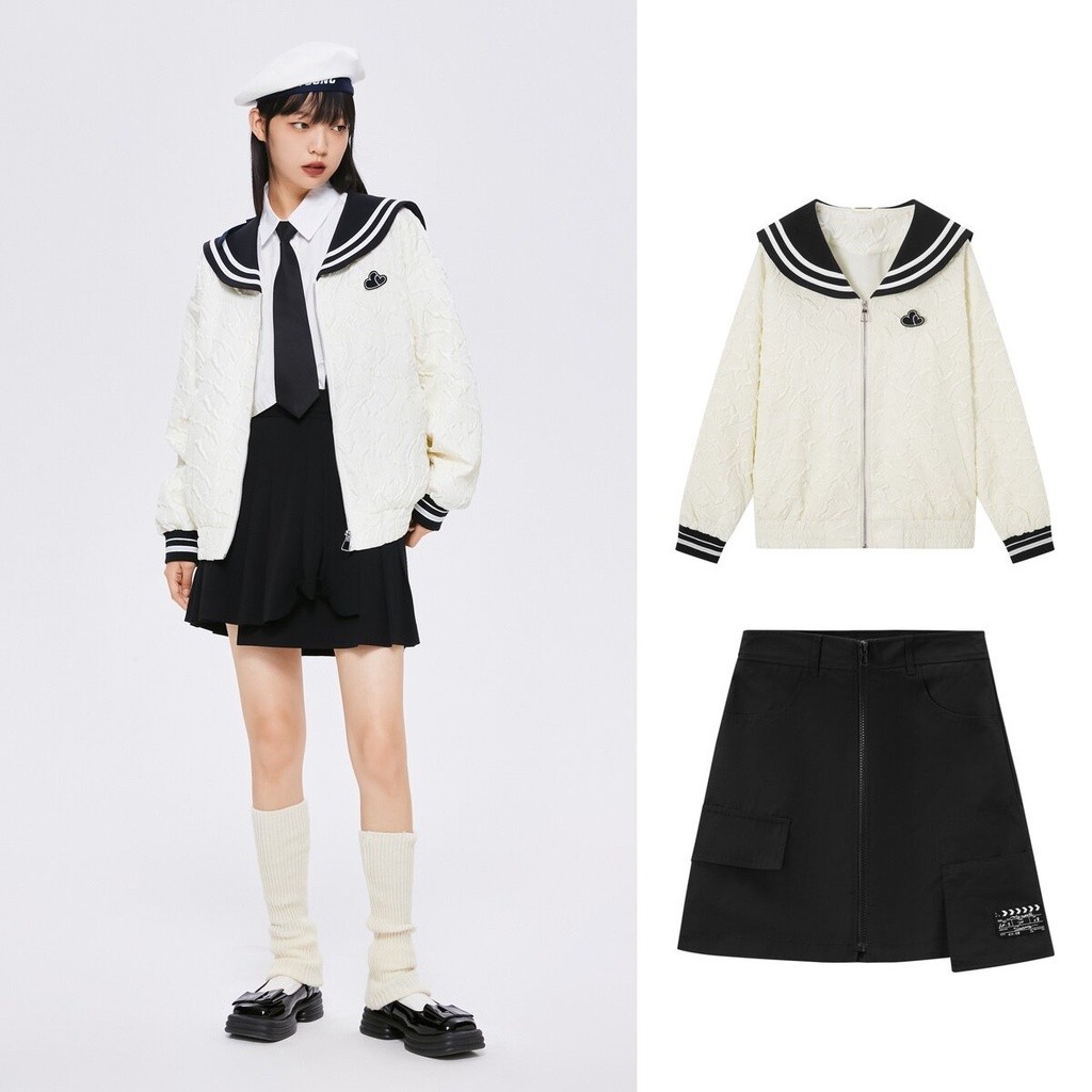 Semir Coat Women Navy Collar Contrasted Color Milky Sweet 2023 Autumn New Loose Textured Top Temperament Jacket