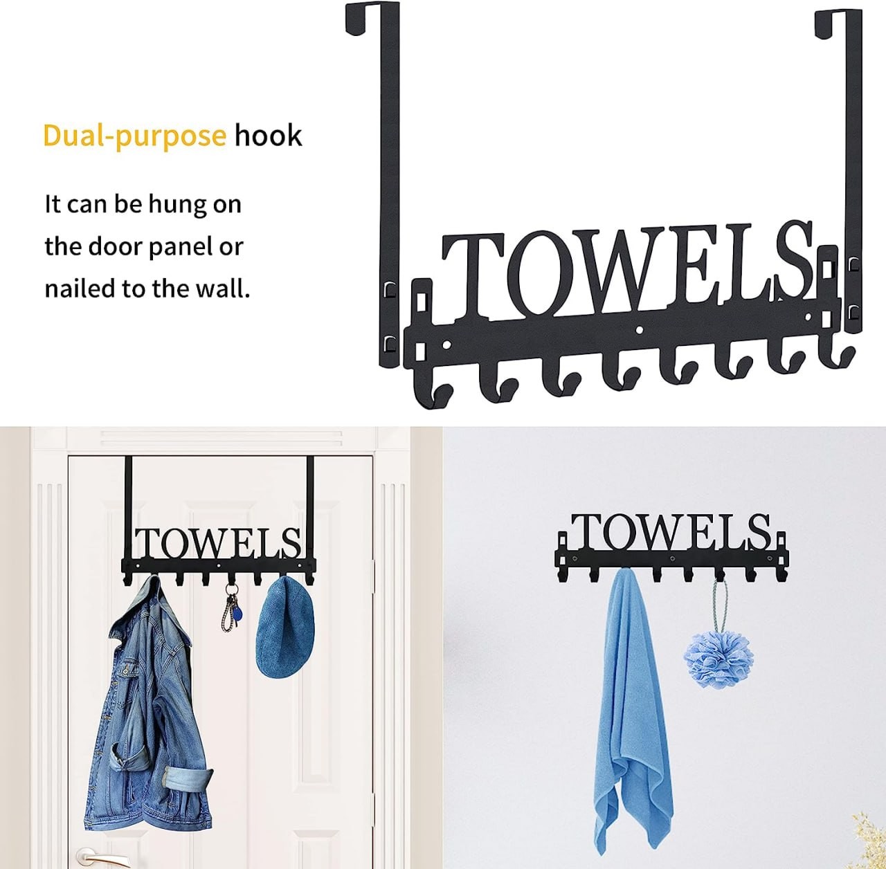 Over The Door Hooks, Towel Holder for Bathroom, Door Mount Towel Rack Towel Hooks for Bathroom Kitchen Pool Beach Towels Bathrobe Wall Mount Towel Hanger Met