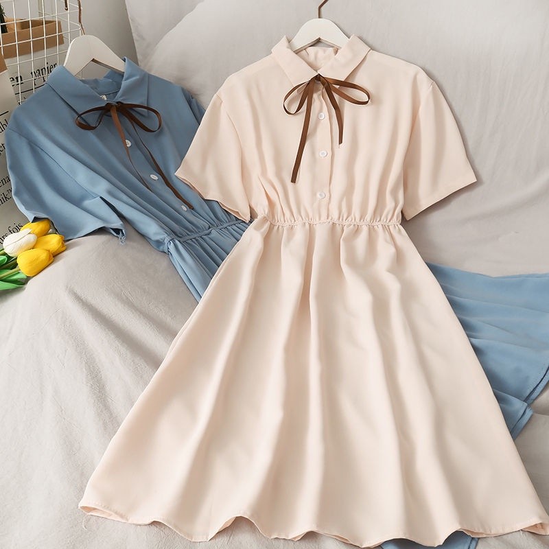 （COD）Korean versatile lace up High Waist Chiffon dress for women