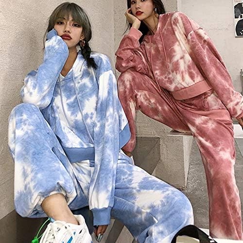 YUTRD ZCJUX Tie Dye Autumn Winter 2 Piece Set Women Hoodies Sweatshirts Tops Long Joggers Pants Sportswear Suits Thicken Female Hoodies Sets (Color  B, Size  Med